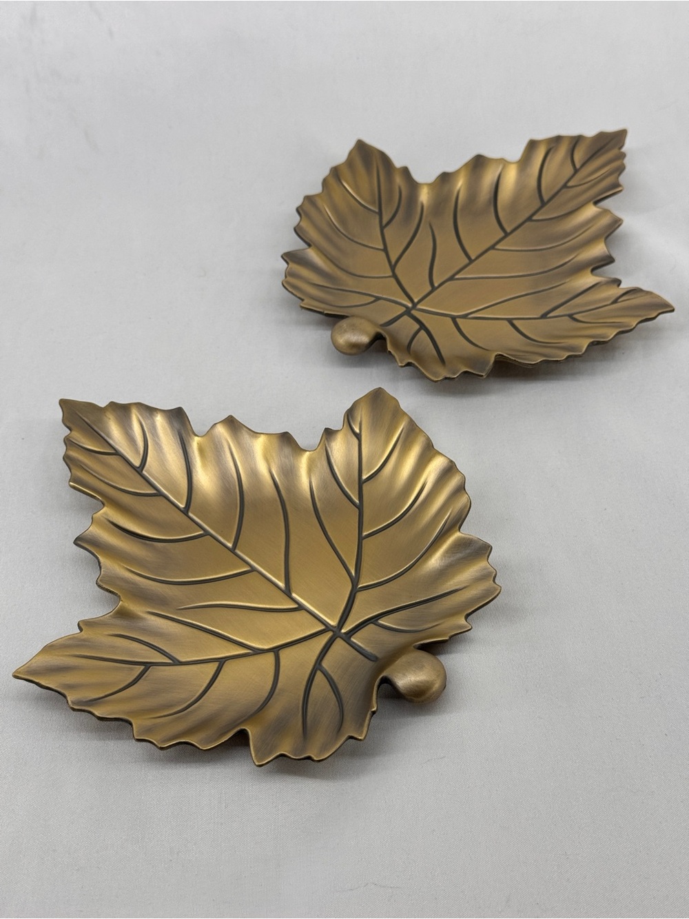 Fall Decor Maple Leaf Trinket Dish Set of 2 Solid Metal Antique Brass Finish